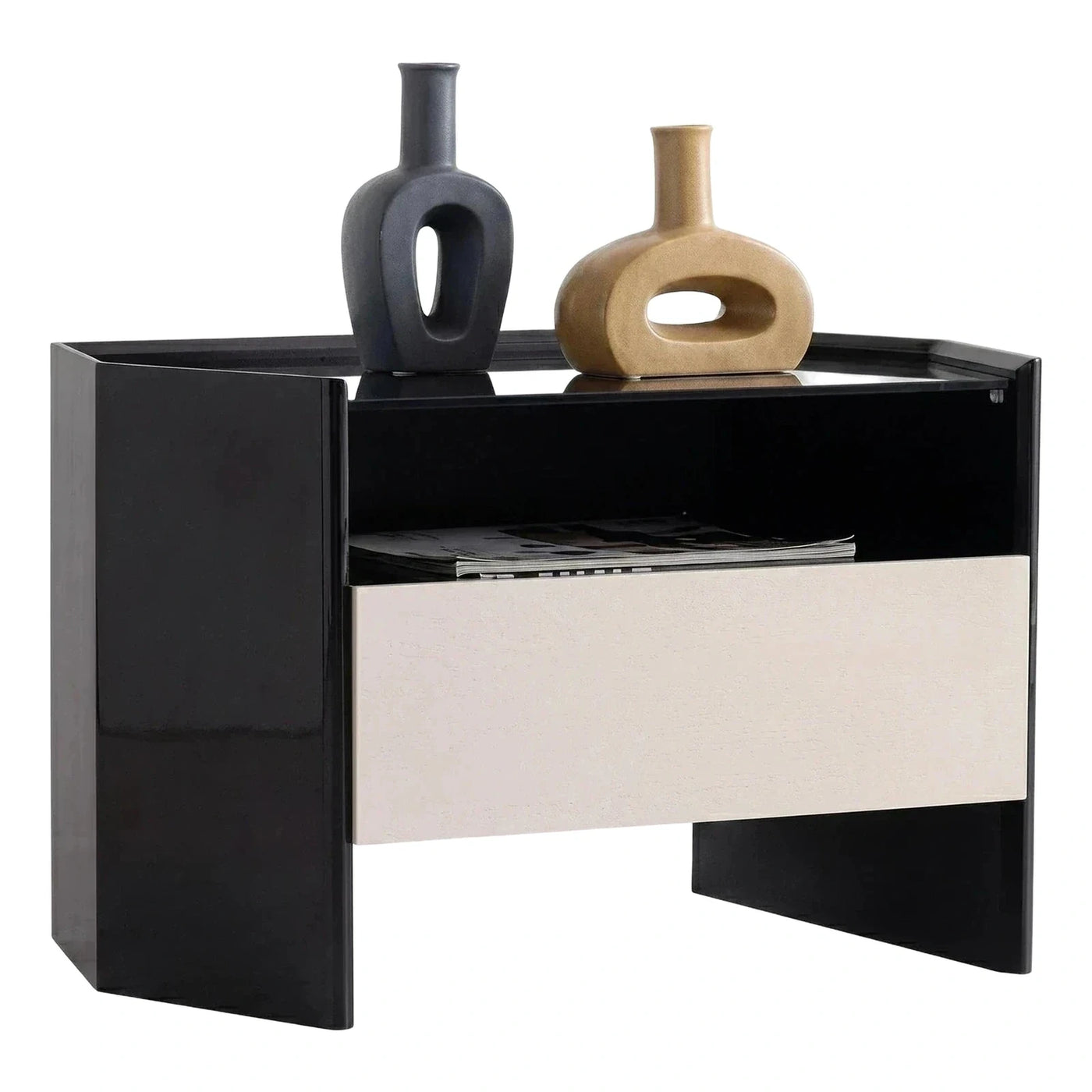 Modern High Gloss Black Nightstand with Cream Drawer