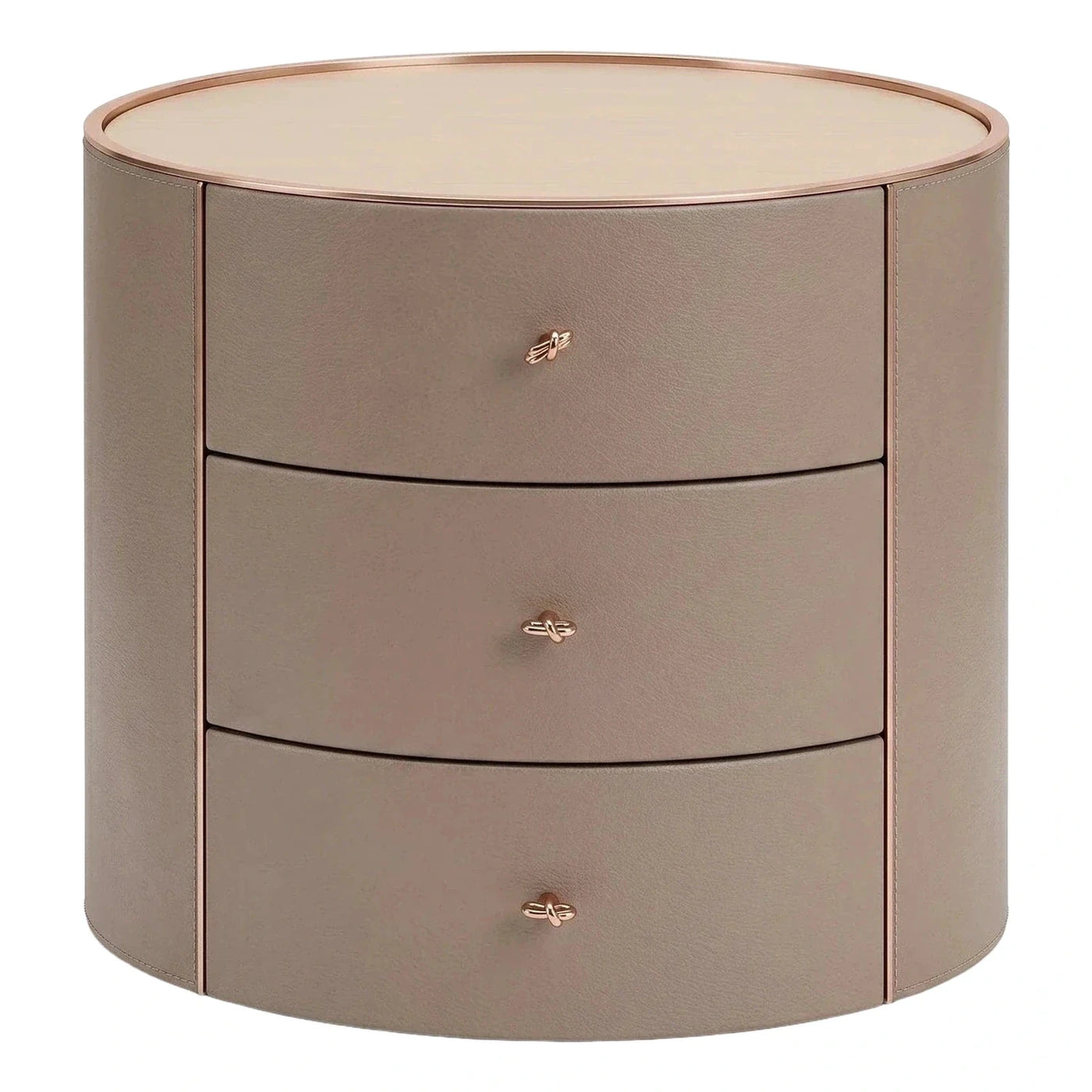 Round Beige Leather Nightstand with Light Wood Top