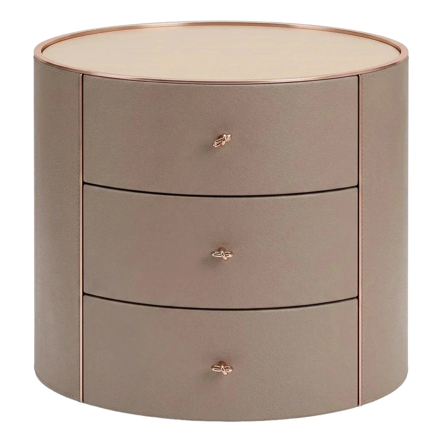 Round Beige Leather Nightstand with Light Wood Top