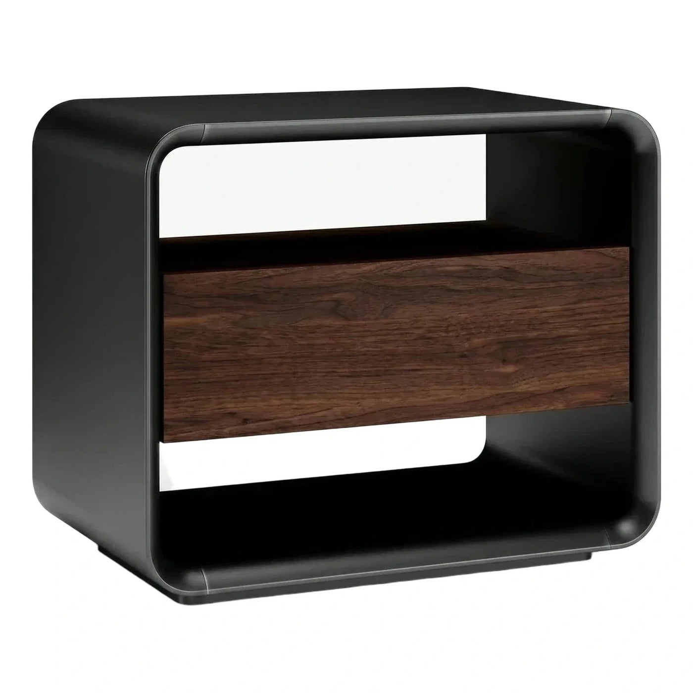 Modern Black Rounded Nightstand with Wood Drawer