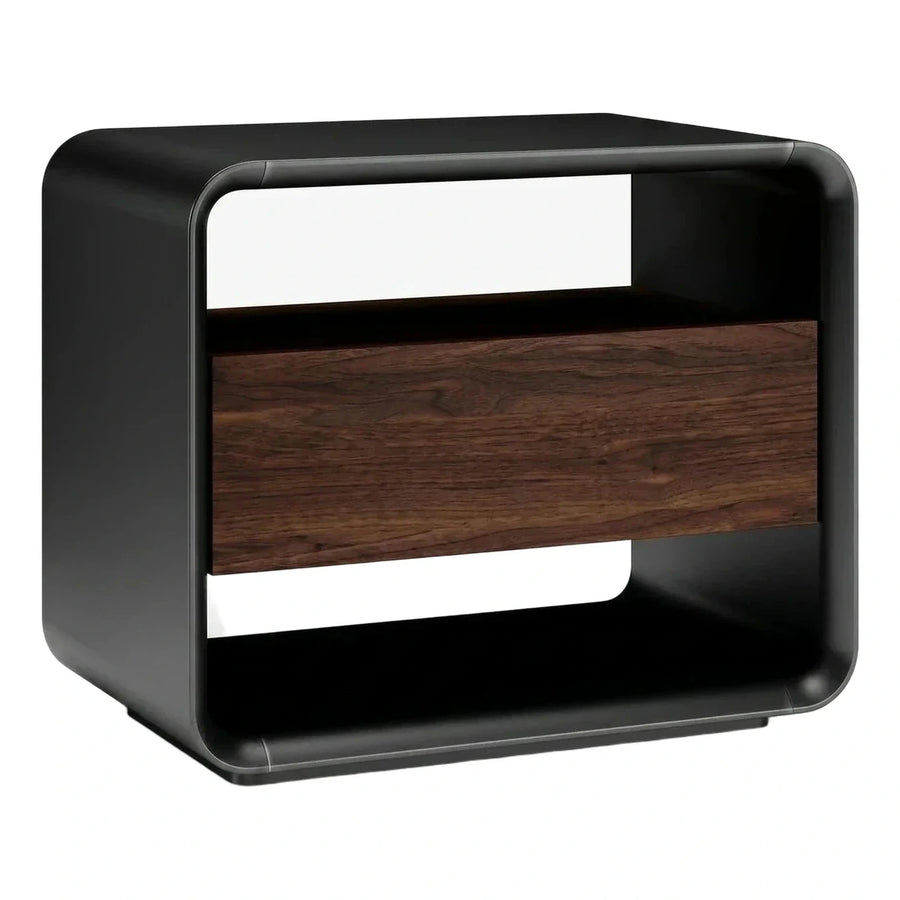 Modern Black Rounded Nightstand with Wood Drawer