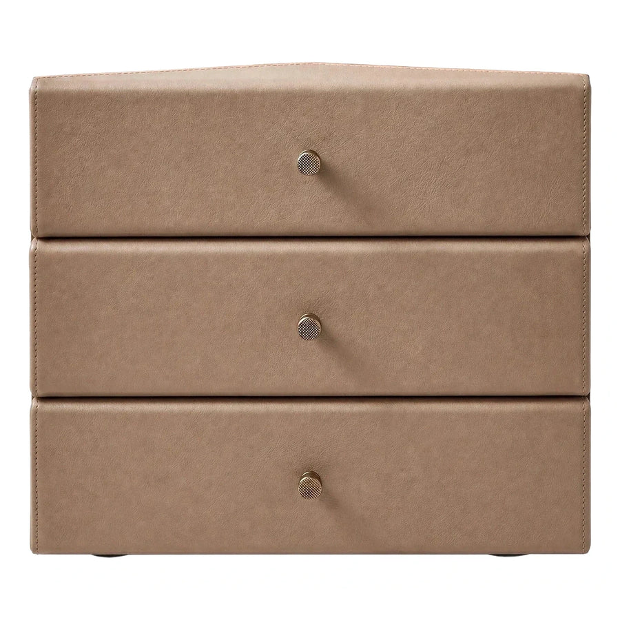 Beige Leather Three Drawer Nightstand With Wood Top