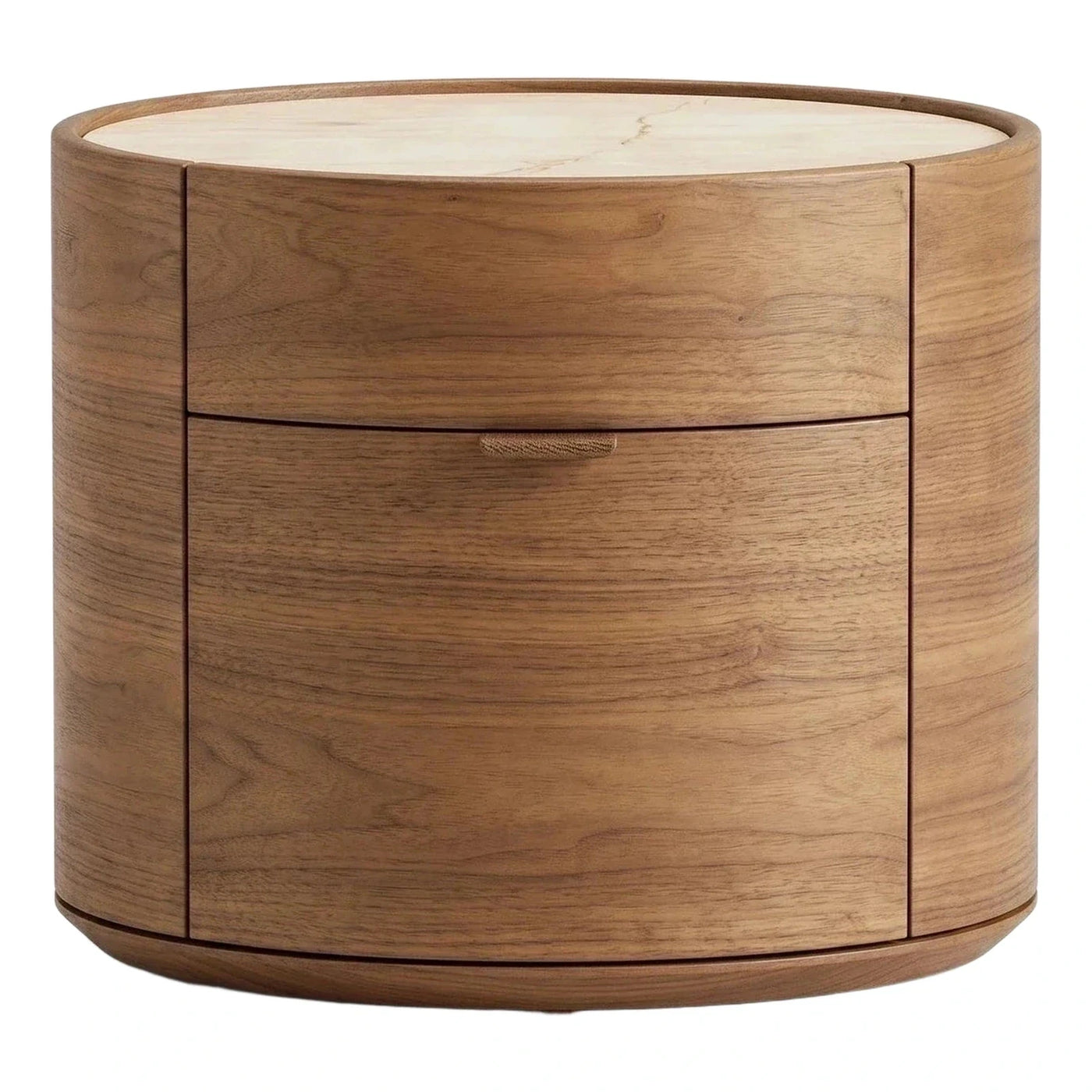 Round Wood Nightstand with Marble Top and Drawer