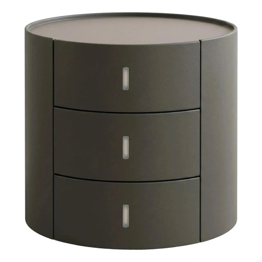 Cylindrical Grey Leather Nightstand With Three Drawers