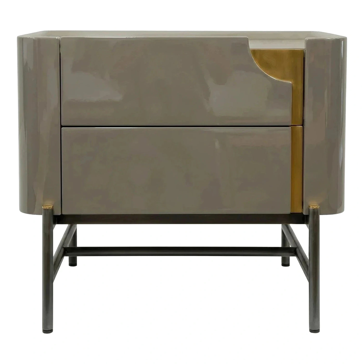 Glossy Grey Two-Drawer Nightstand with Gold Accents