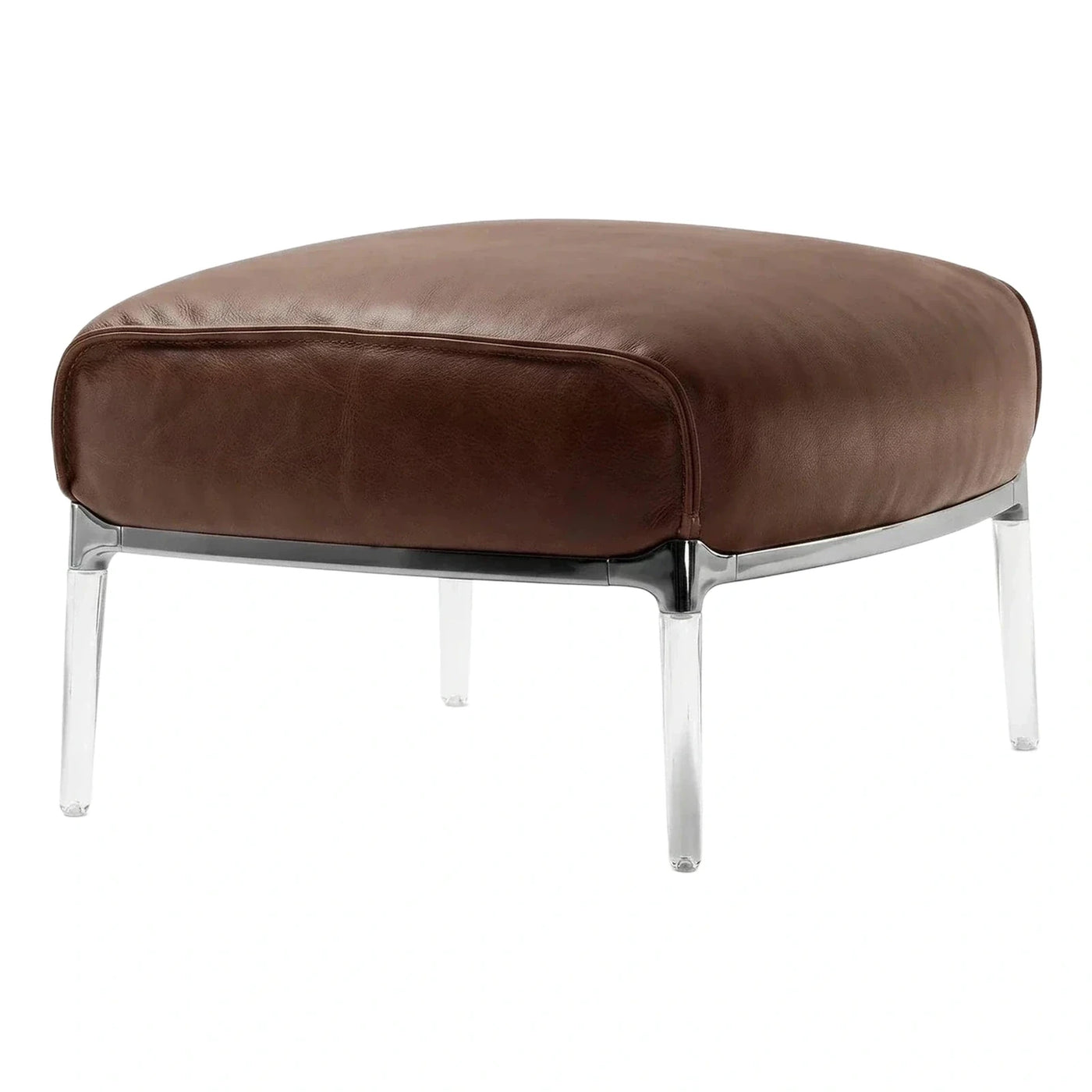 Modern Brown Leather Ottoman with Clear Acrylic Legs