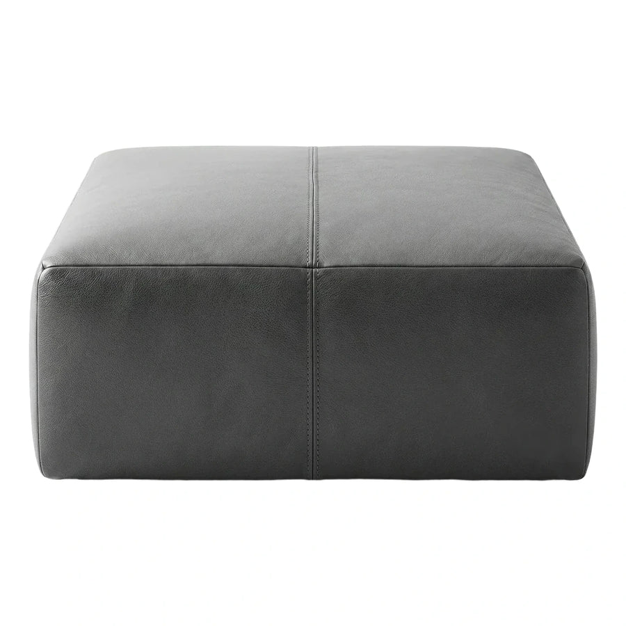 Modern Grey Leather Rectangular Ottoman with Center Stitching