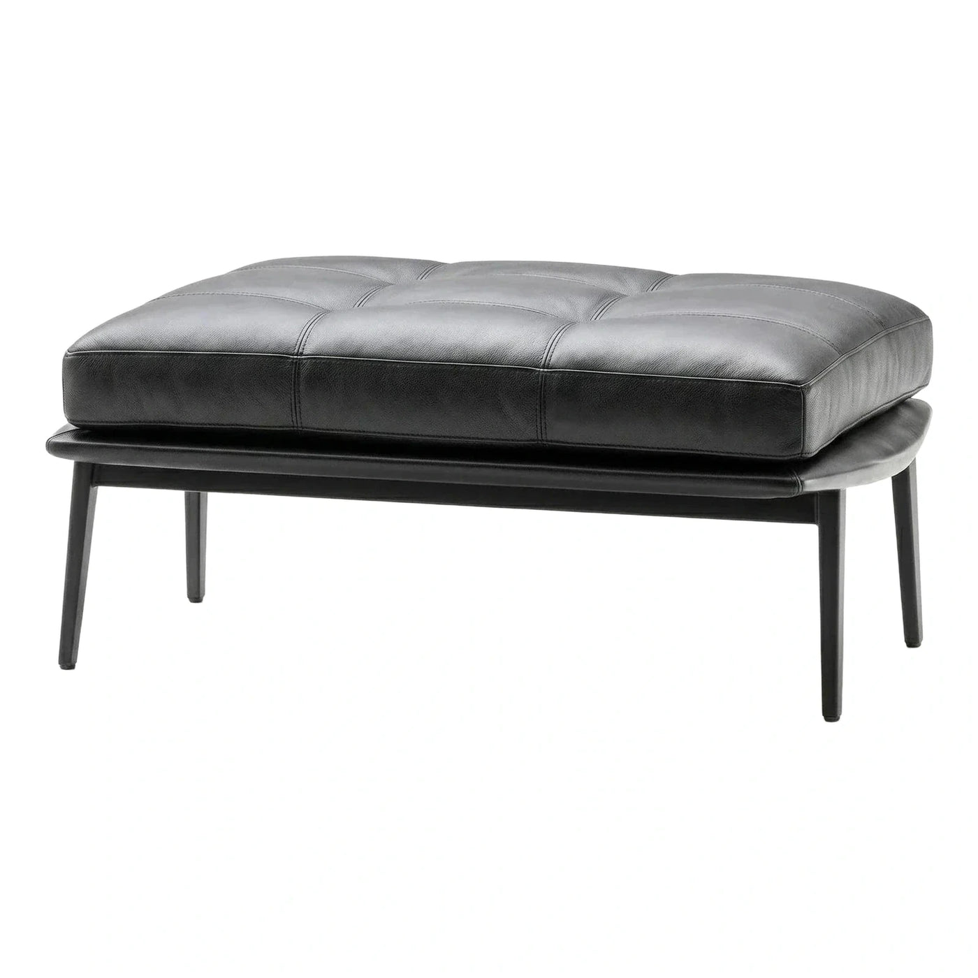 Black Leather Tufted Rectangular Ottoman with Tapered Legs