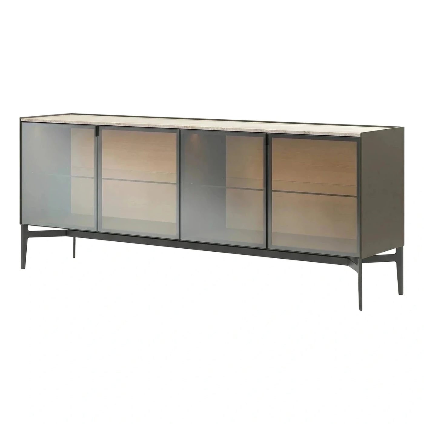 Modern Stone Top Sideboard with Glass and Wood Doors