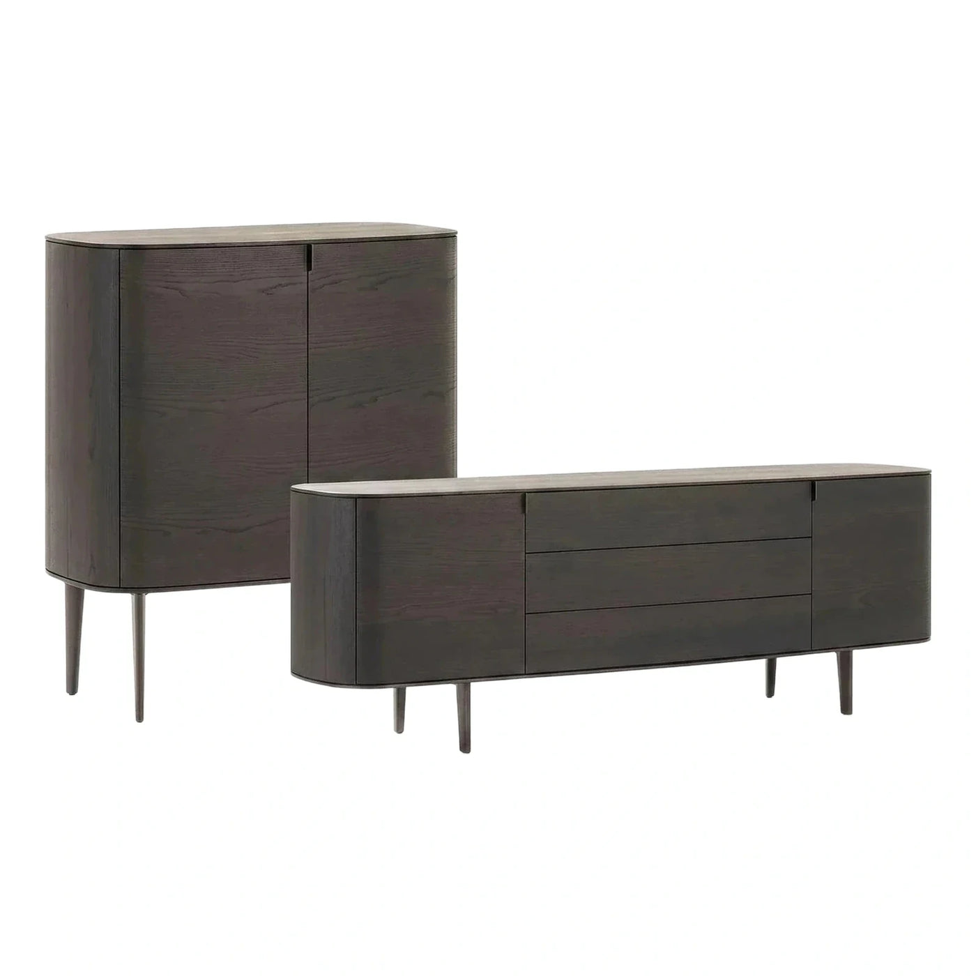 Modern Curved Dark Wood Sideboard and Cabinet Set
