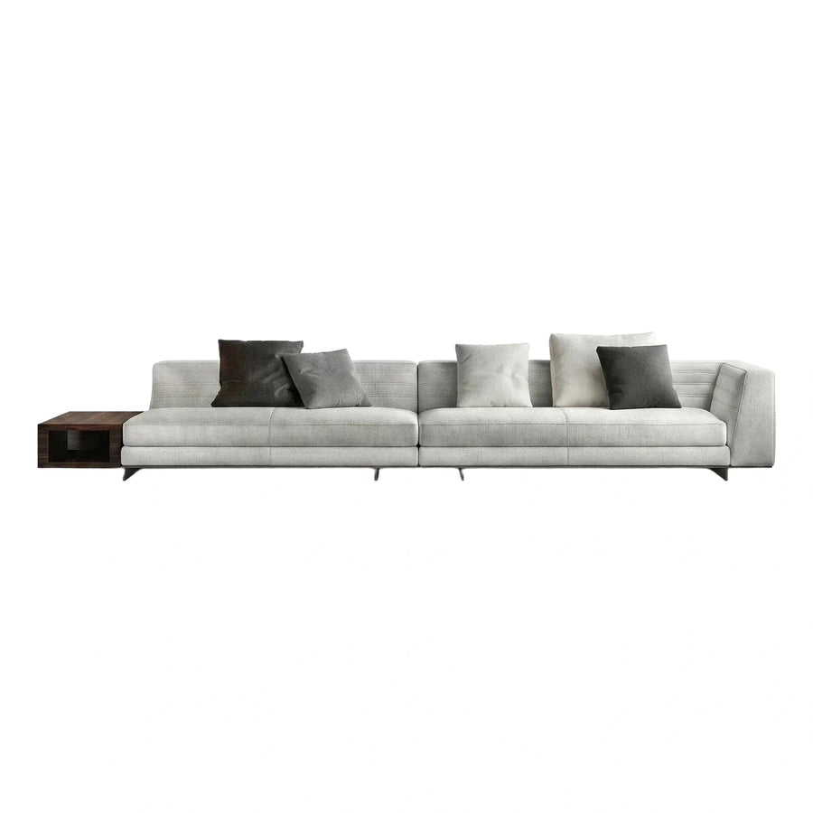 Modern Light Grey Fabric Sofa With Dark Wood Side Table