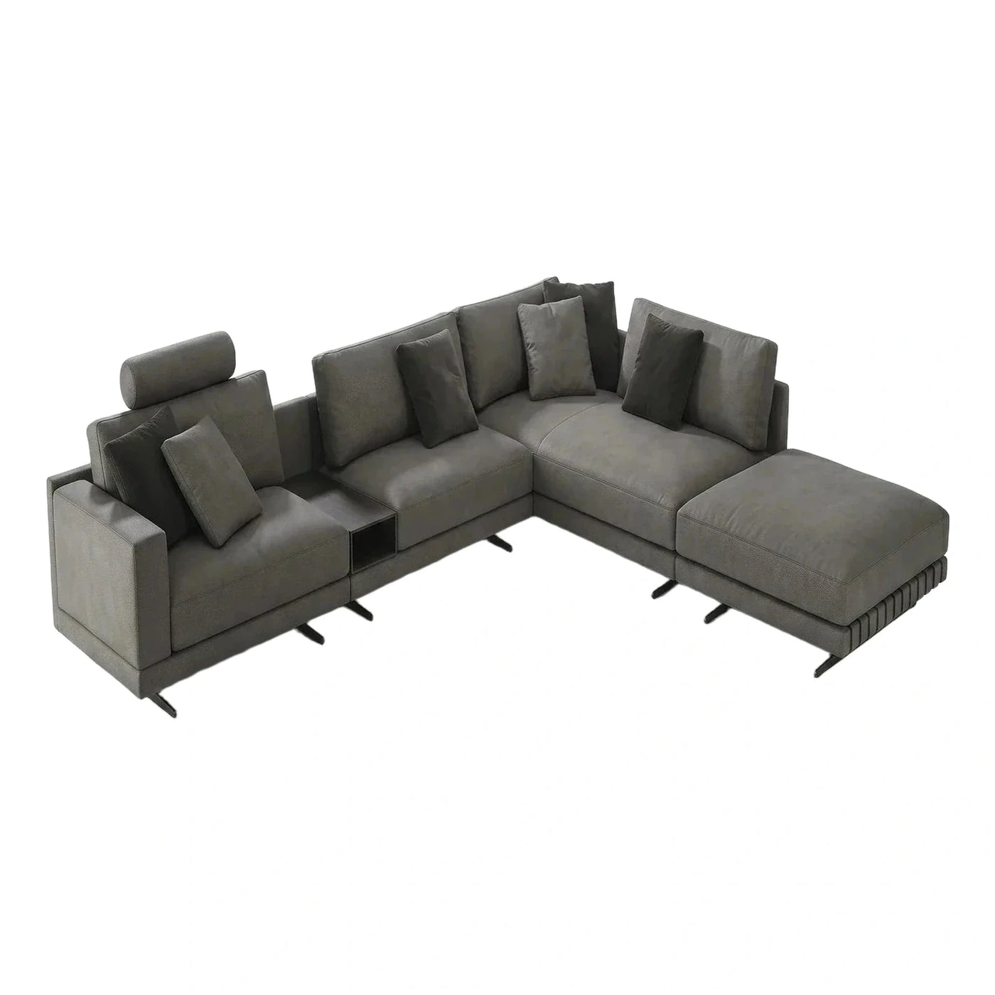 Modern Grey Leather Sectional Sofa with Chaise