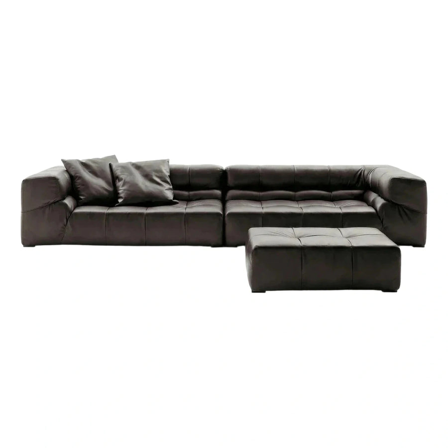Modern Dark Leather Sectional Sofa With Ottoman