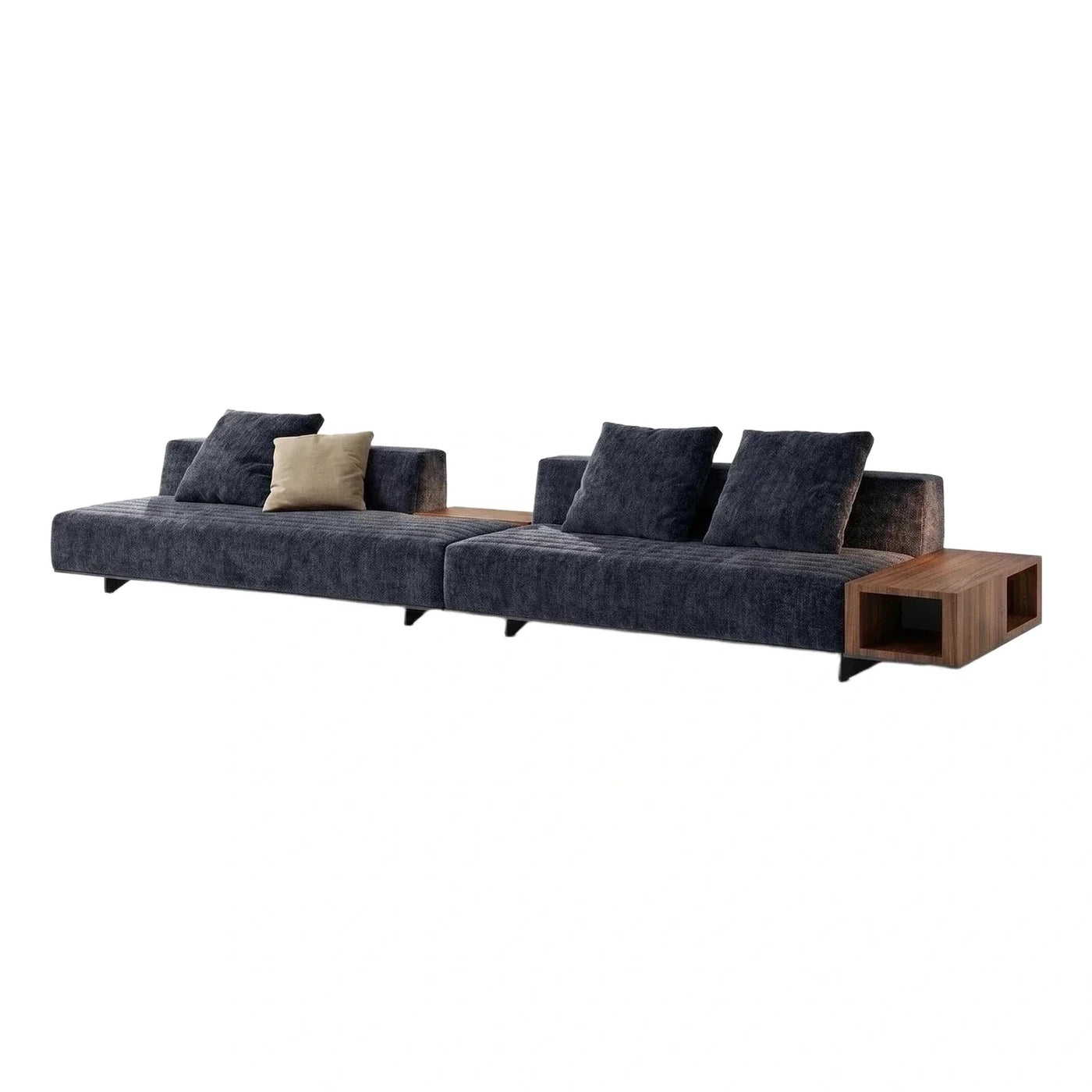 Modern Navy Blue Modular Sofa with Wooden Side Tables