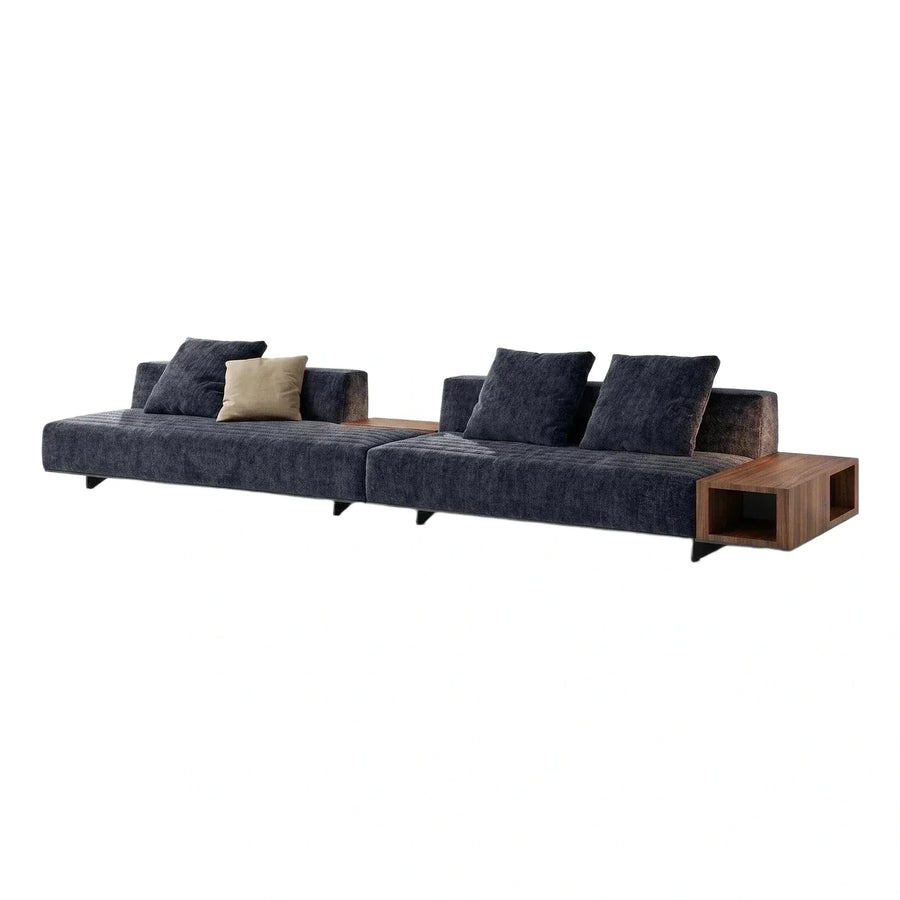 Modern Navy Blue Modular Sofa with Wooden Side Tables