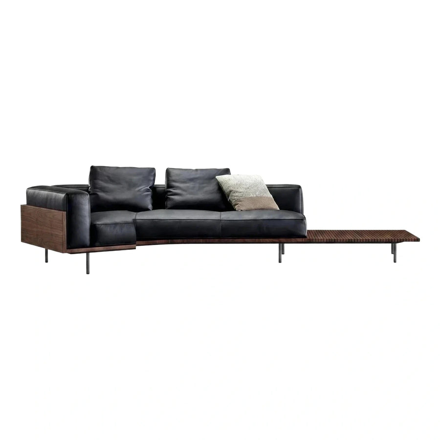 Modern Black Leather Sectional Sofa With Wood Bench