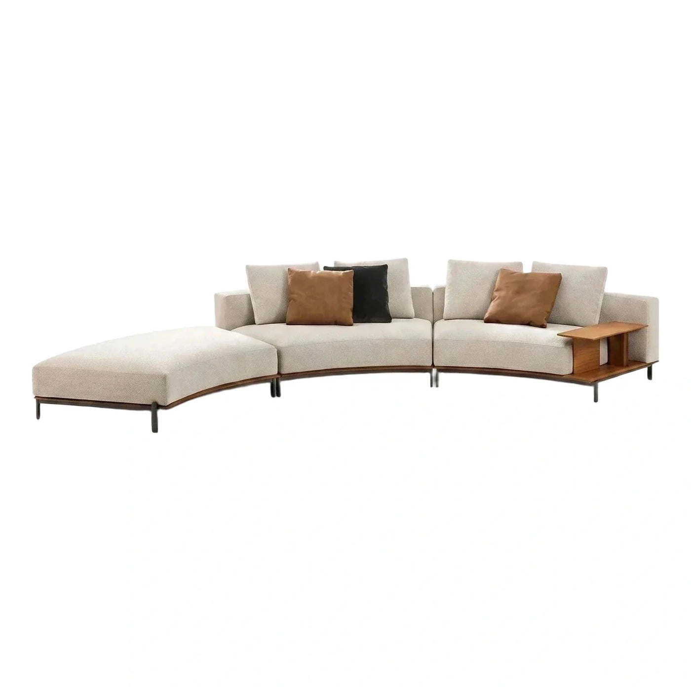 Curved Cream Fabric Sectional Sofa With Wood Table