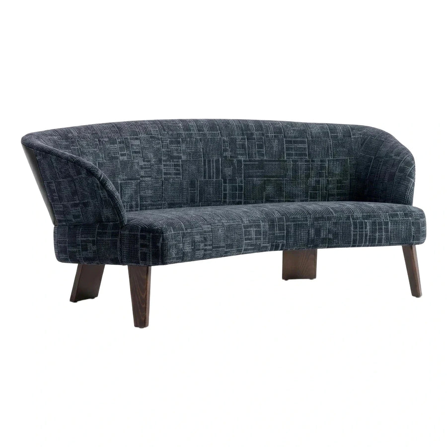 Curved Navy Geometric Fabric Sofa with Wood Legs