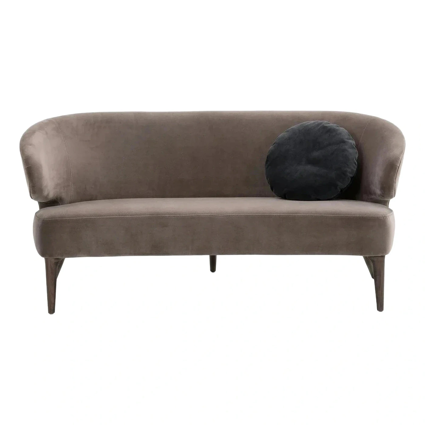Curved Taupe Velvet Sofa with Dark Wood Legs