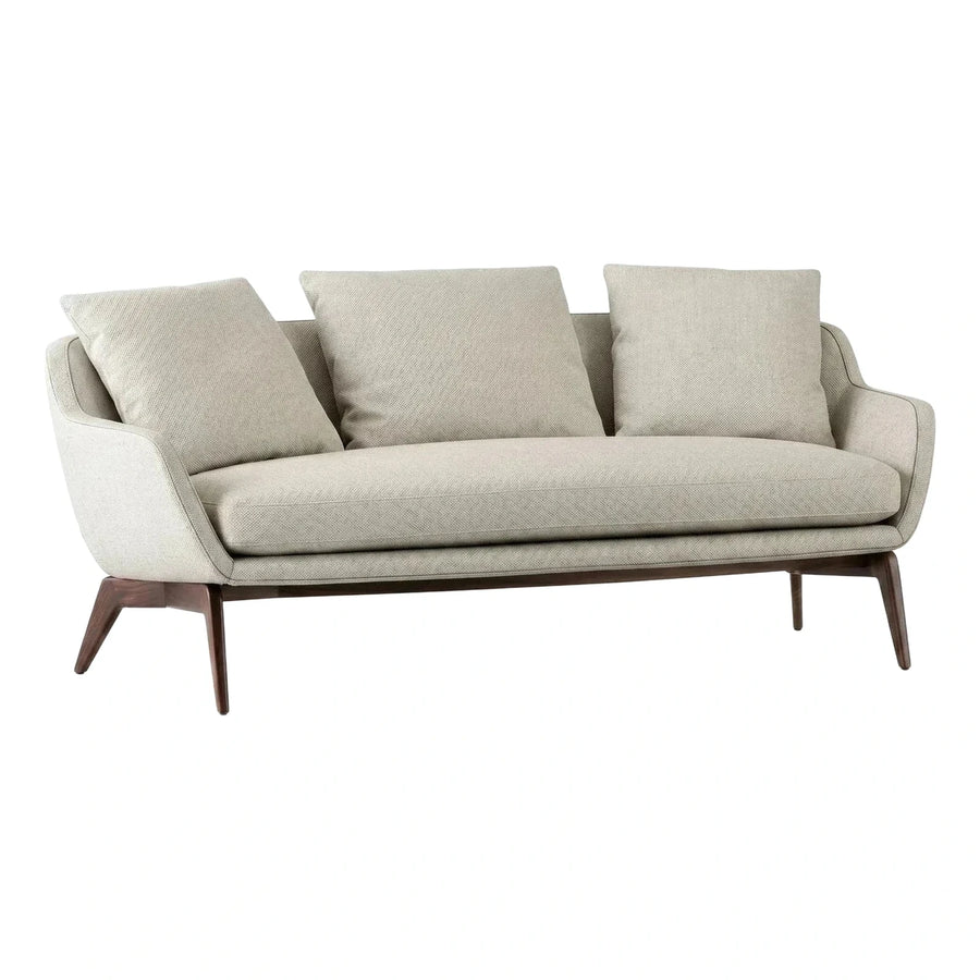 Beige Fabric Three-Seater Sofa with Dark Wood Legs