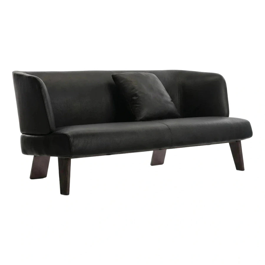 Modern Black Leather Sofa with Wooden Legs