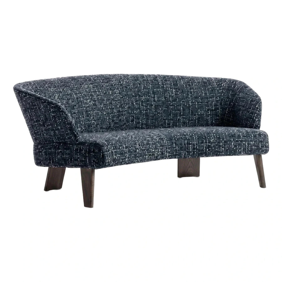 Curved Navy Textured Fabric Sofa with Wood Legs