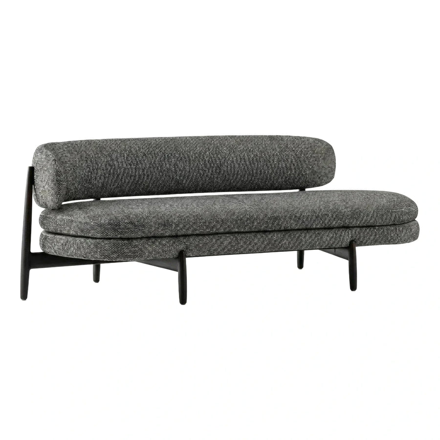 Curved Grey Textured Sofa with Dark Wood Frame
