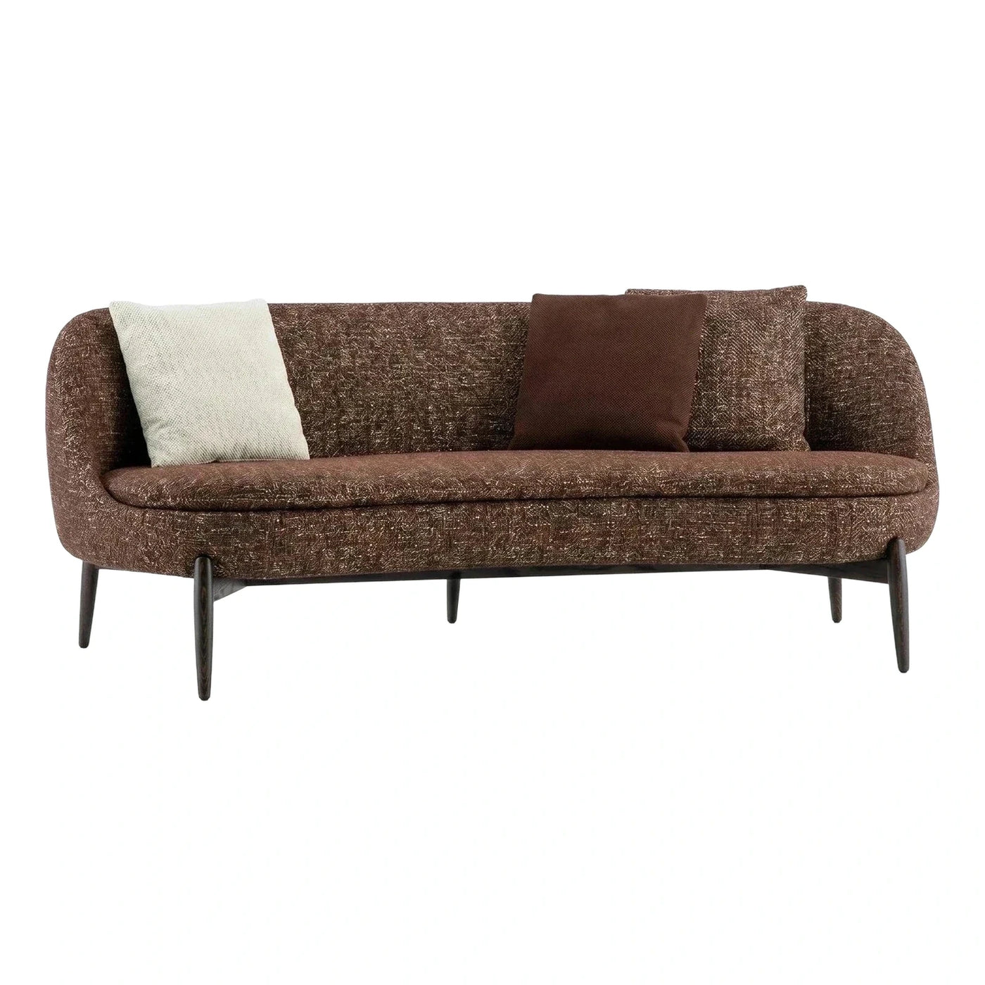 Curved Brown Textured Fabric Sofa with Wood Legs