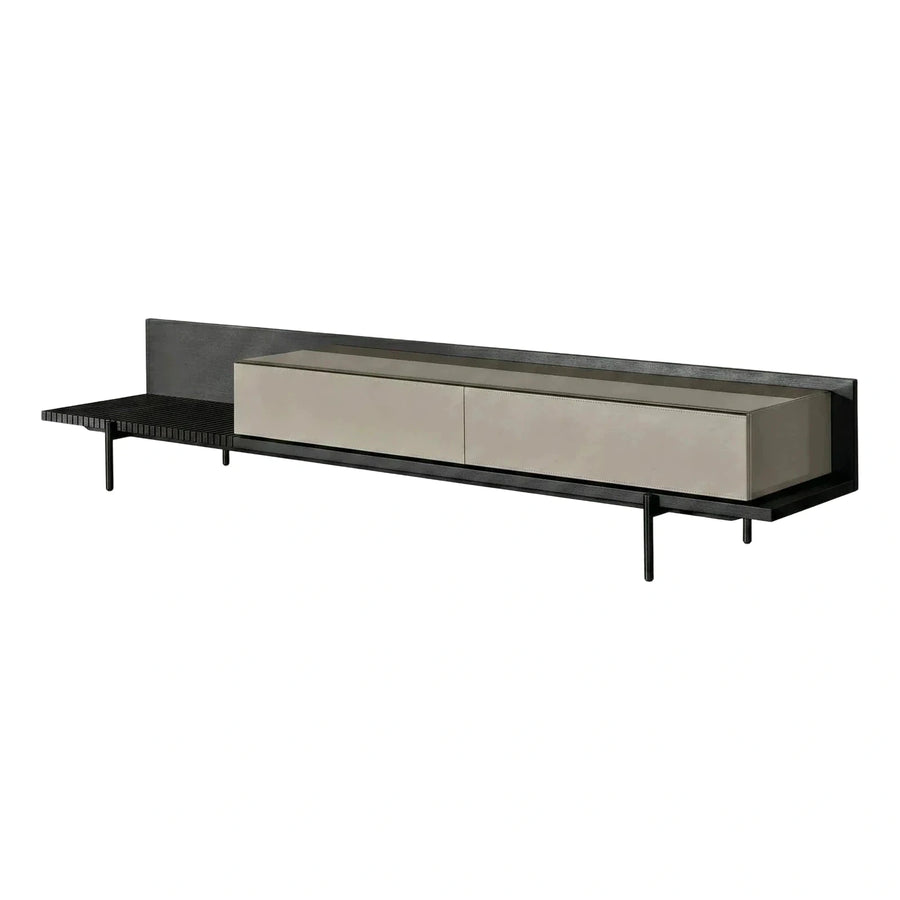 Modern Black Media Console with Leather Drawers