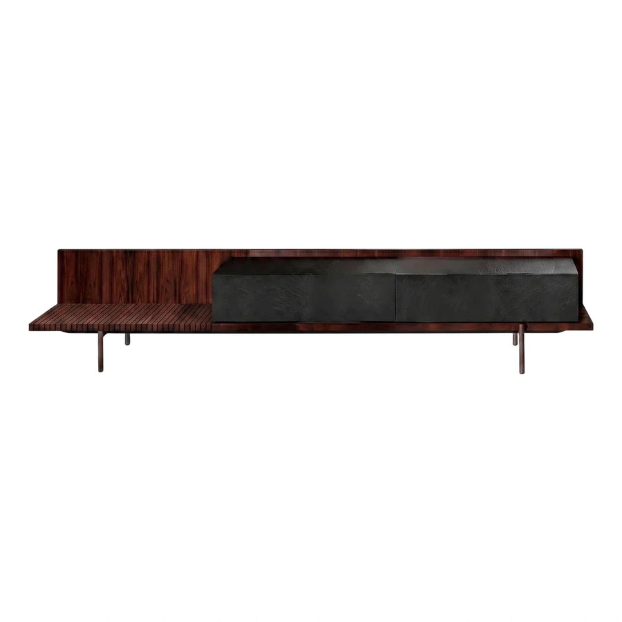 Modern Dark Wood Media Console with Stone Storage