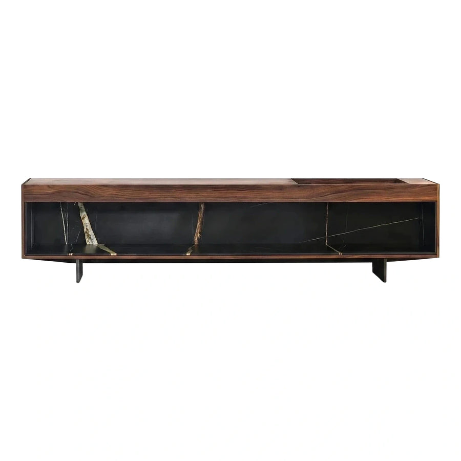 Modern Walnut Media Console with Black Marble Back