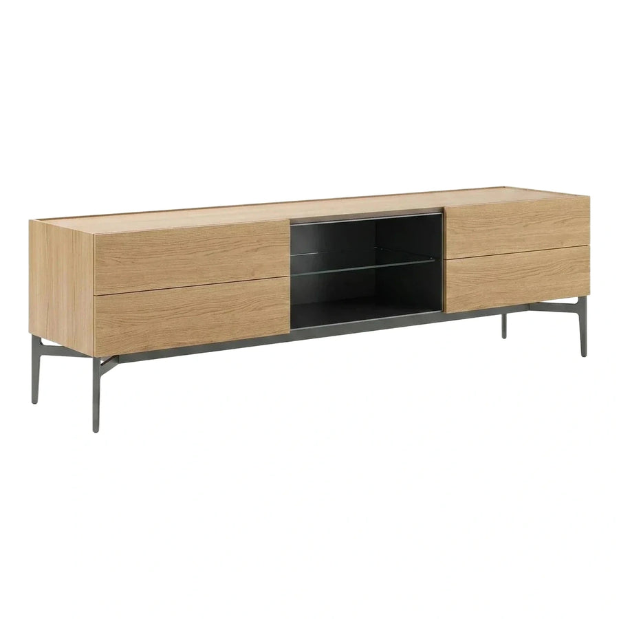 Modern Light Oak Media Console with Glass Shelf