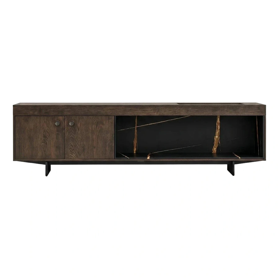 Dark Wood Media Console with Black Marble Gold Vein