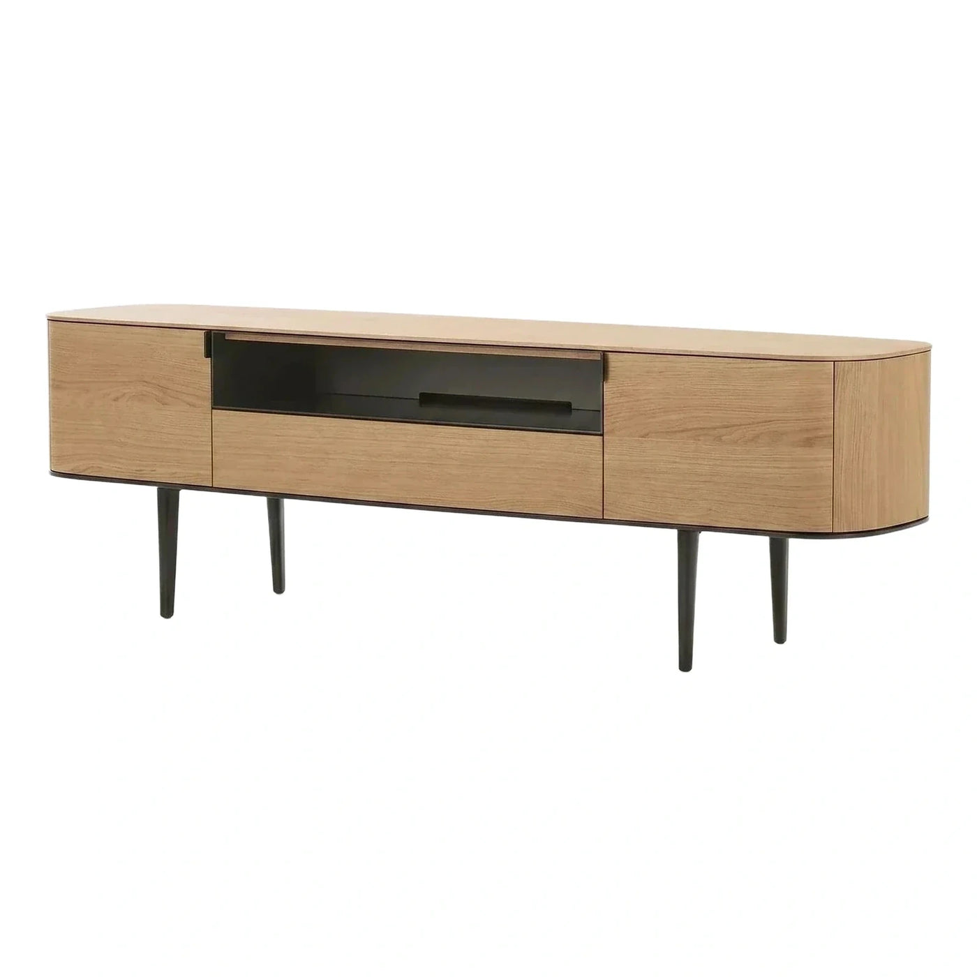 Modern Light Wood TV Stand with Black Accents