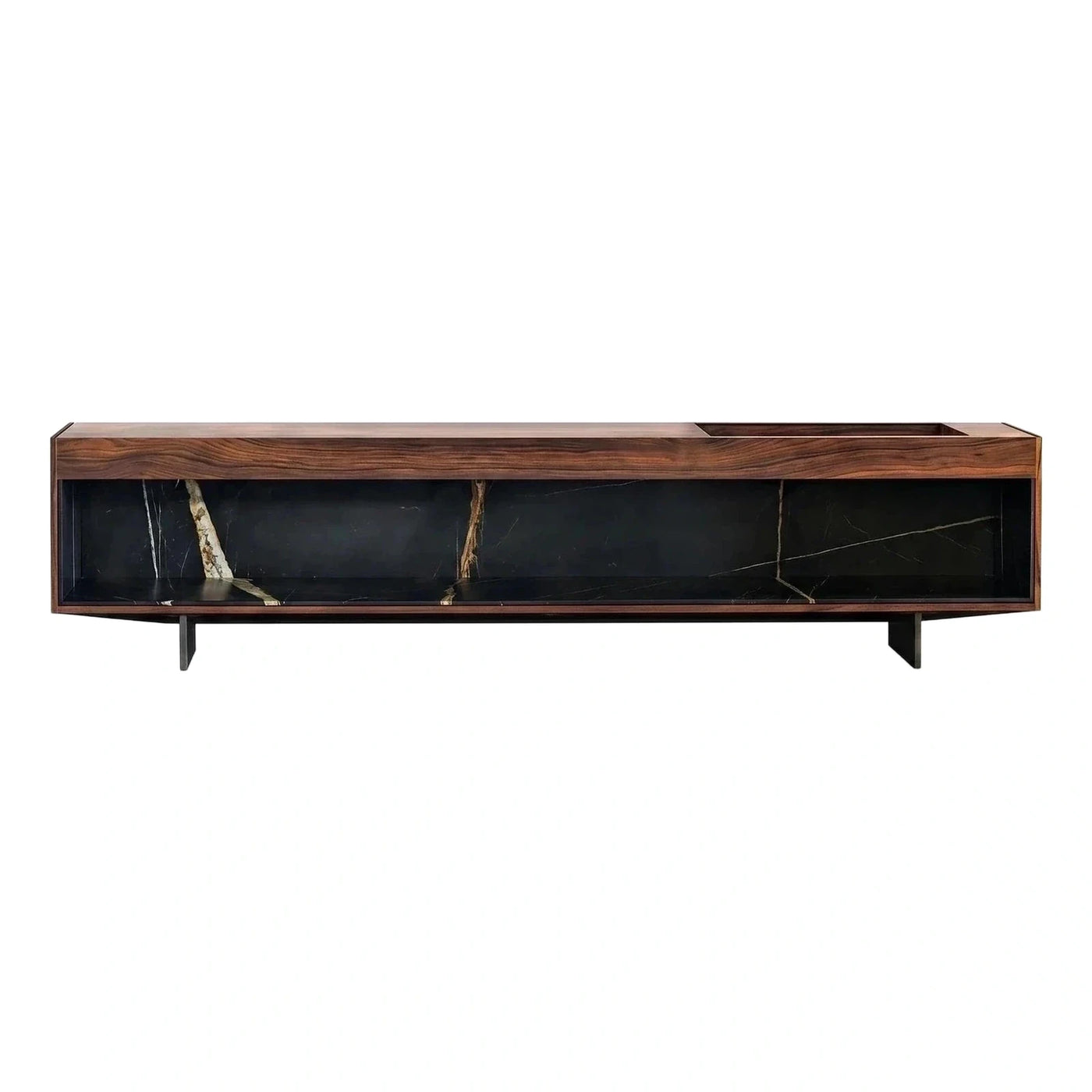 Modern Dark Wood TV Stand with Black Marble Backing