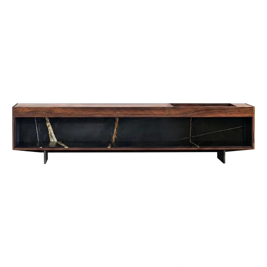 Modern Dark Wood TV Stand with Black Marble Backing