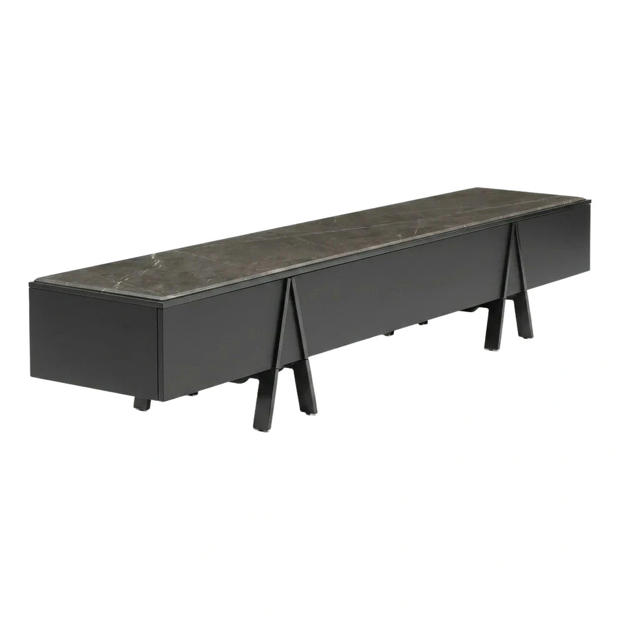 Modern Black Media Console with Stone Top