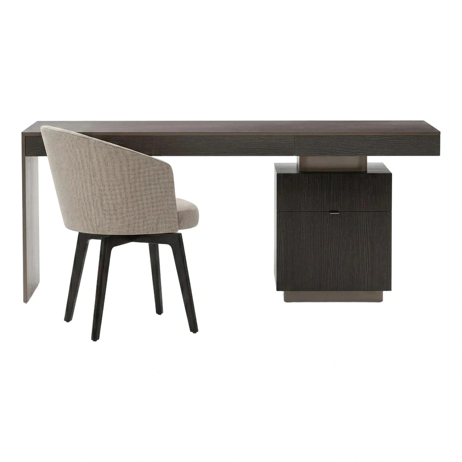 Modern Dark Wood Pedestal Desk With Beige Chair