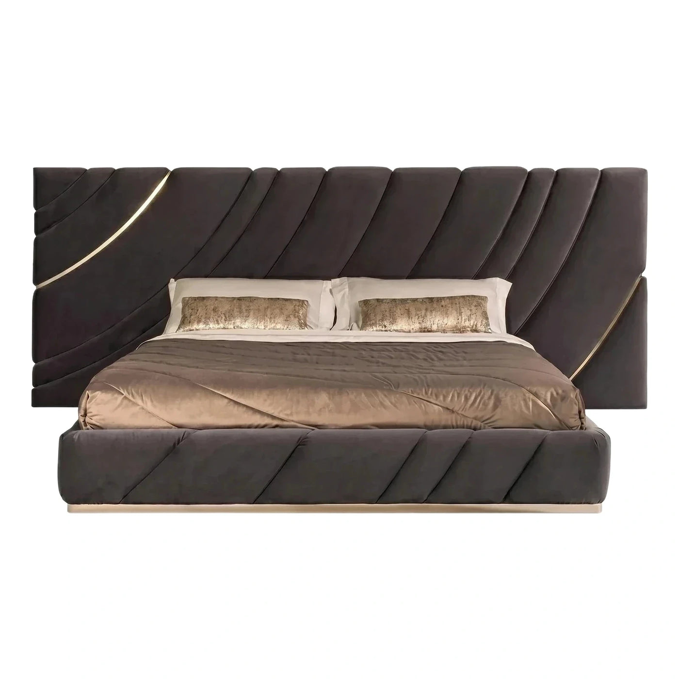 Modern Grey Velvet Bed With Diagonal Tufting And Gold Trim