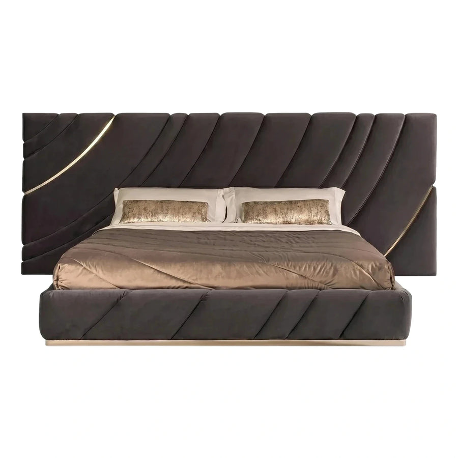 Modern Grey Velvet Bed With Diagonal Tufting And Gold Trim