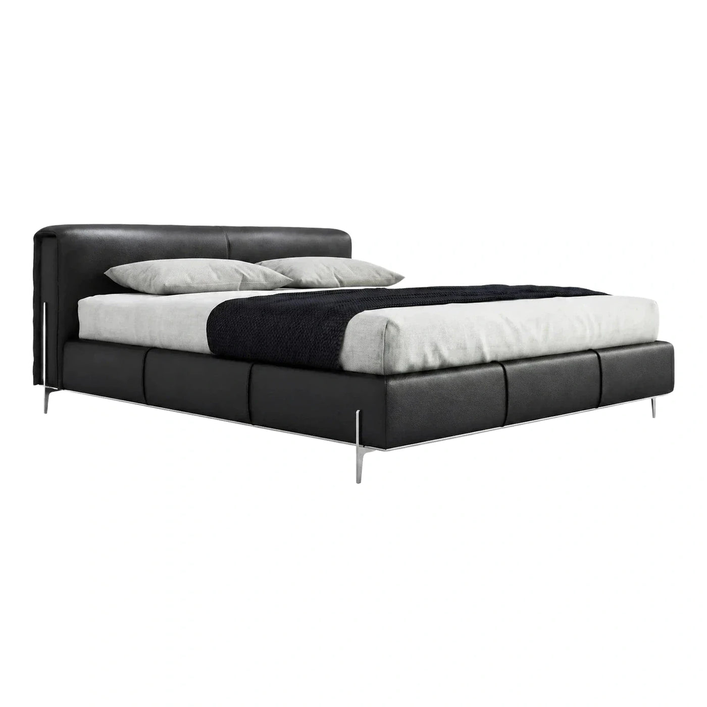 Modern Black Leather Platform Bed with Metal Legs