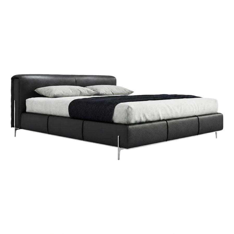 Modern Black Leather Platform Bed with Metal Legs