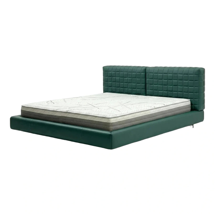 Modern Green Leather Platform Bed with Tufted Headboard