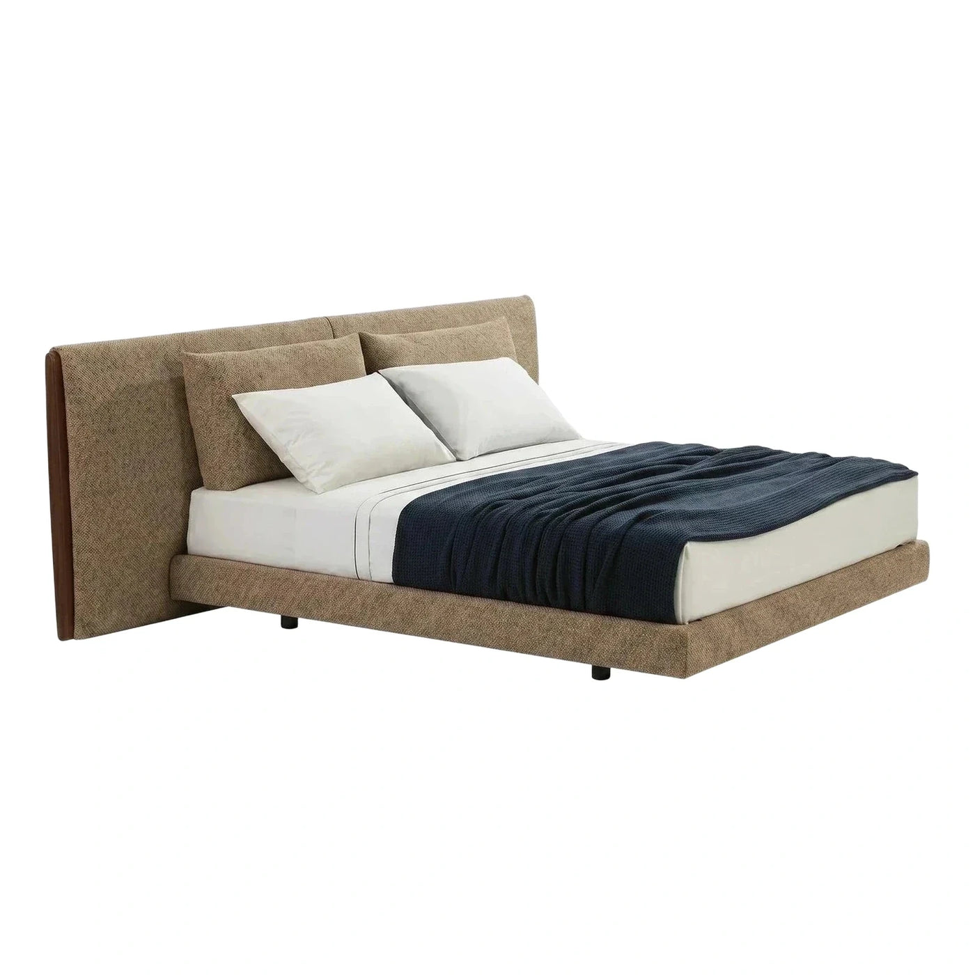 Modern Beige Upholstered Platform Bed With Wood Accent