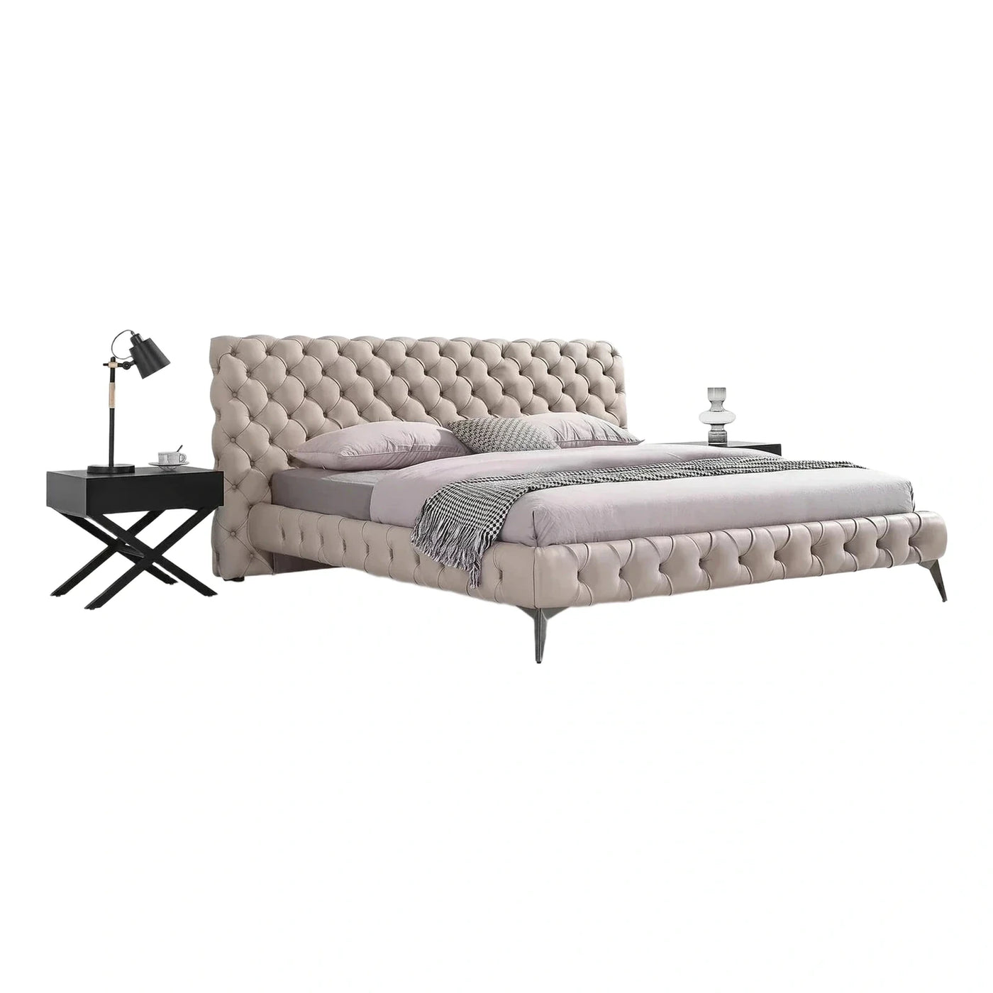 Luxury Beige Tufted Upholstered Platform Bed Frame