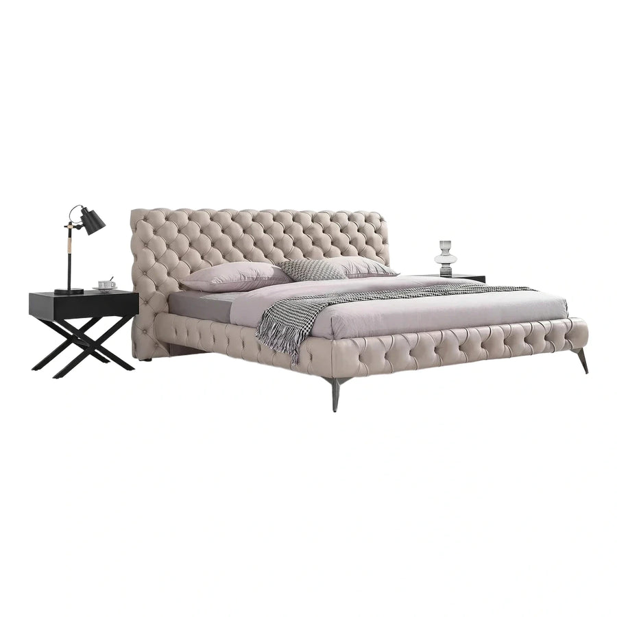 Luxury Beige Tufted Upholstered Platform Bed Frame