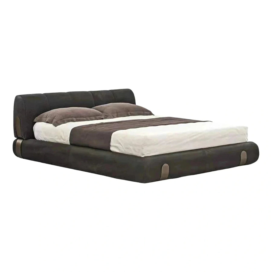 Modern Dark Grey Upholstered Platform Bed With Metal Accents