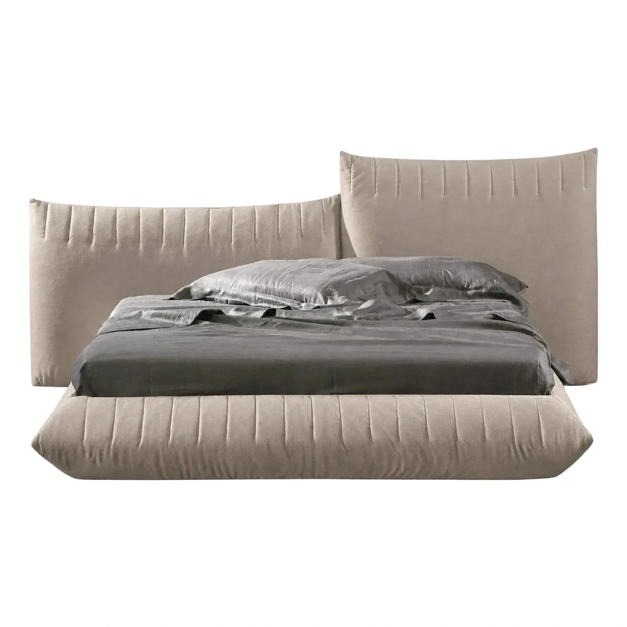 Low Profile Beige Fabric Bed with Tufted Headboard