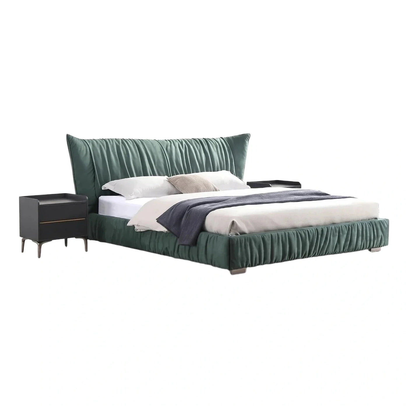 Emerald Green Velvet Upholstered Platform Bed with Wingback Headboard