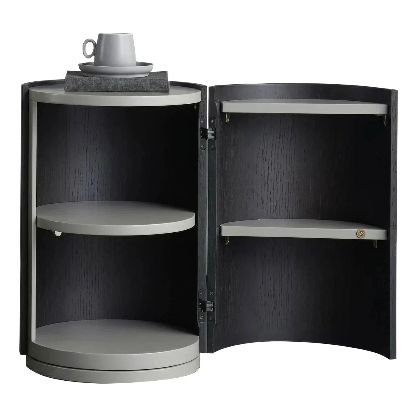 Curved Dark Wood Accent Cabinet with Grey Shelves
